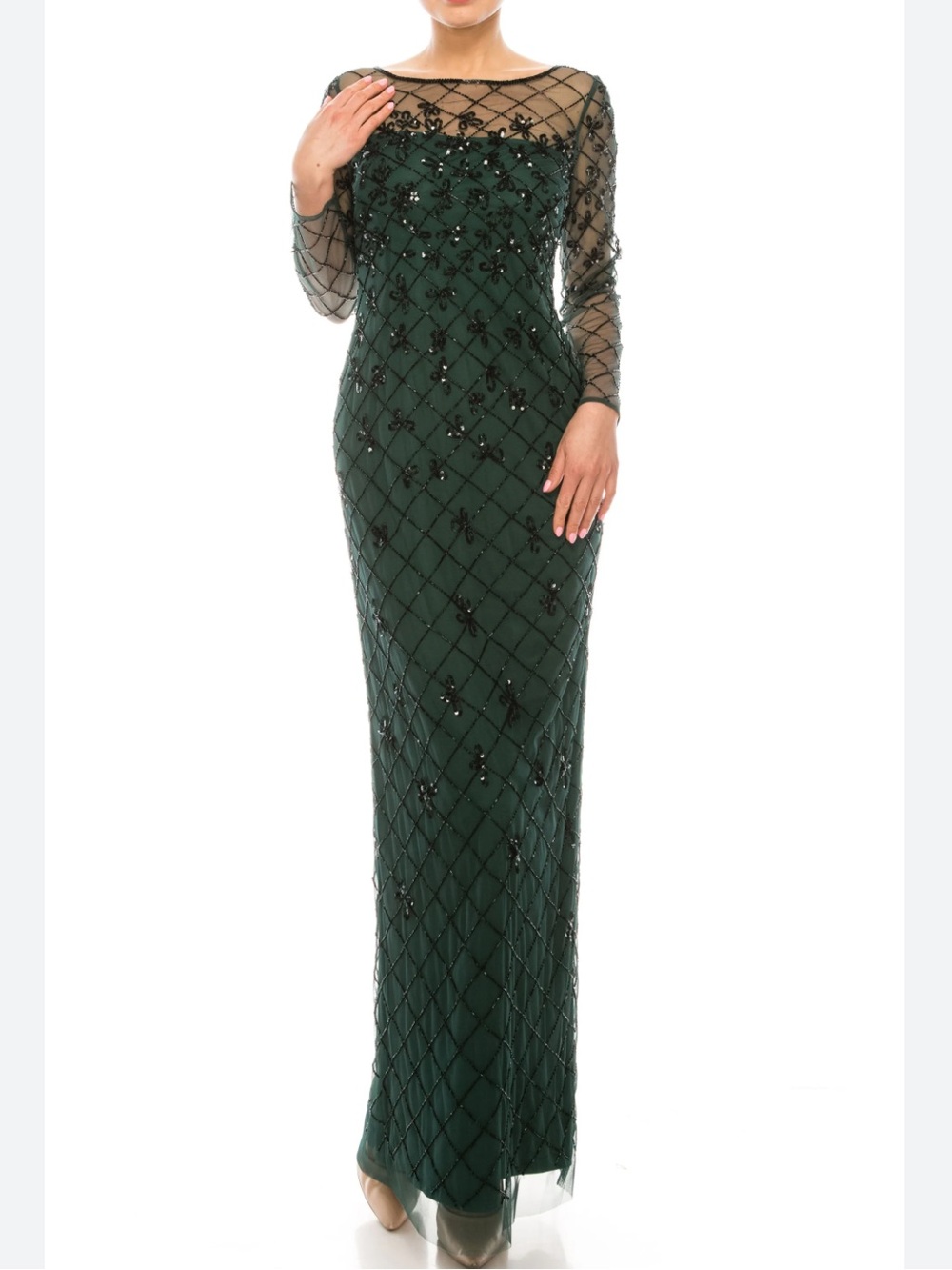 Adrianna Papell Dark Green Beaded Maxi Dress